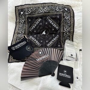 Screwball Whiskey waterproof phone bag, koozie, visor, fan & bandana bundle